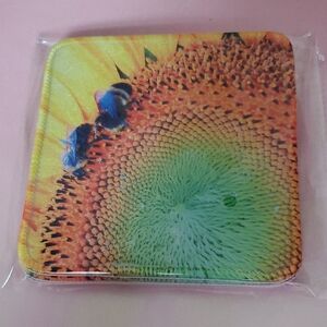 Sunflower and Bee Coaster set of 4.Silk Coaster.